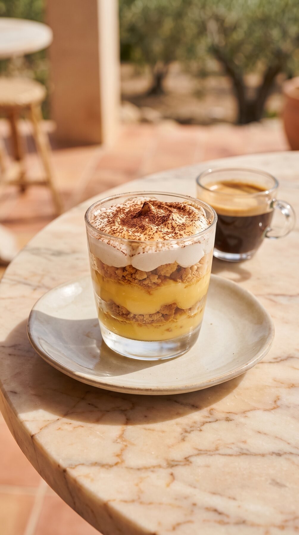 Postre en vaso con café en la terraza
