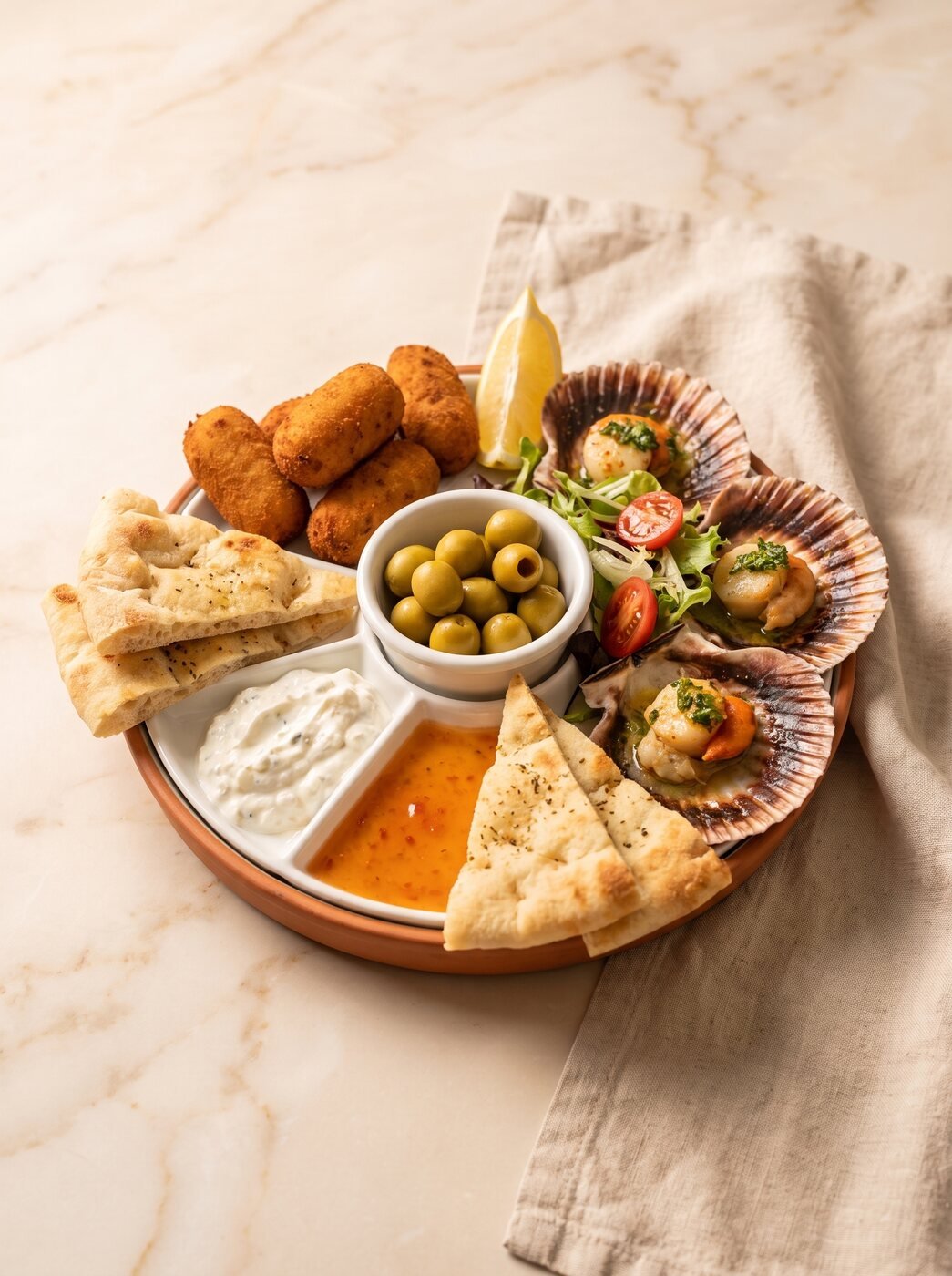 Fuente de tapas con croquetas, olivas y pan de pinsa