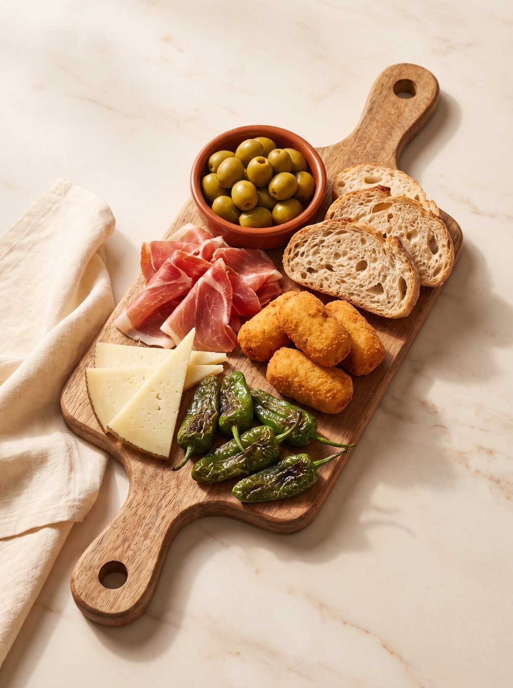 Tabla de tapas con jamón serrano, croquetas y olivas