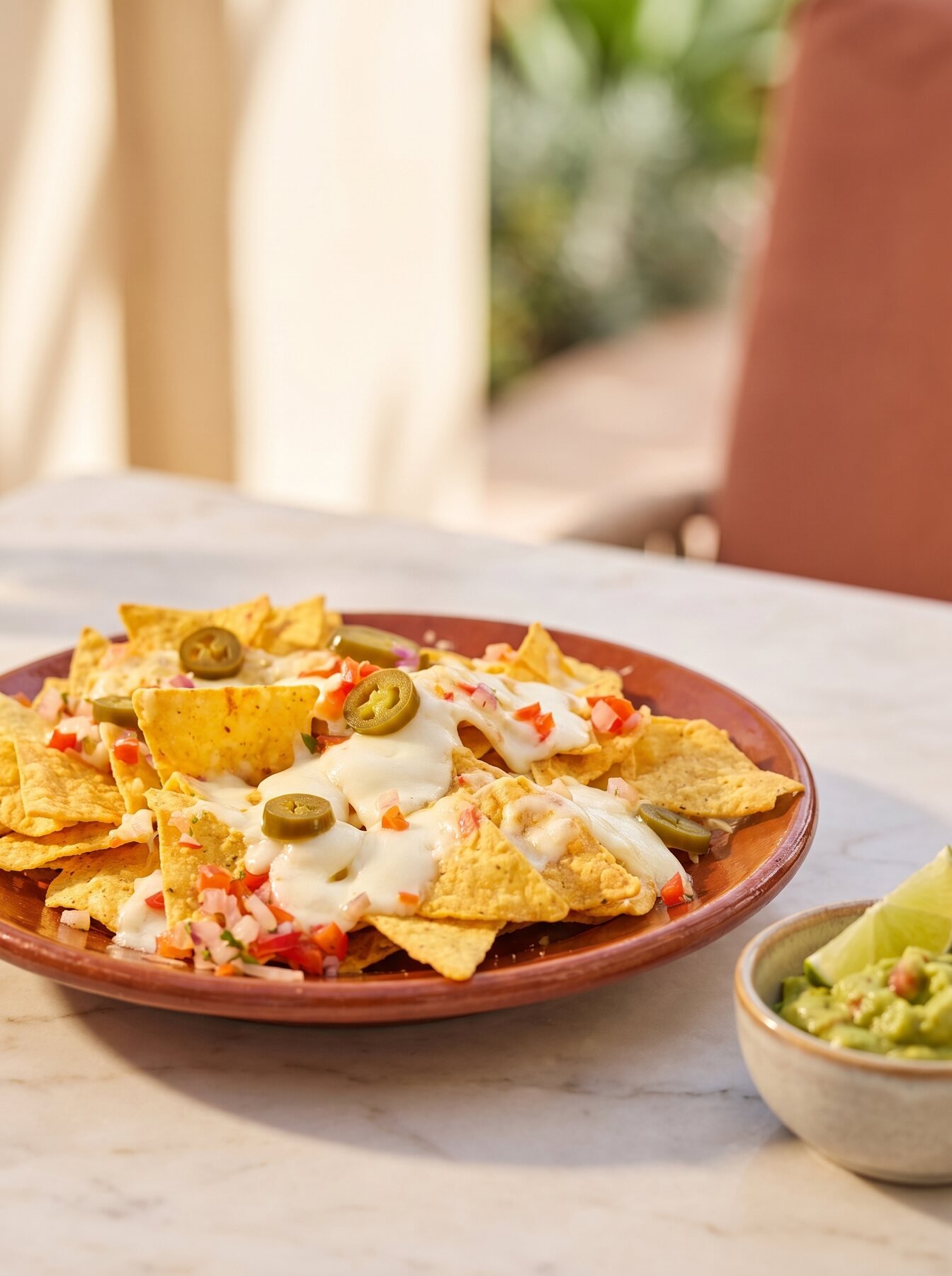 Nachos gratinados con guacamole y jalapeños