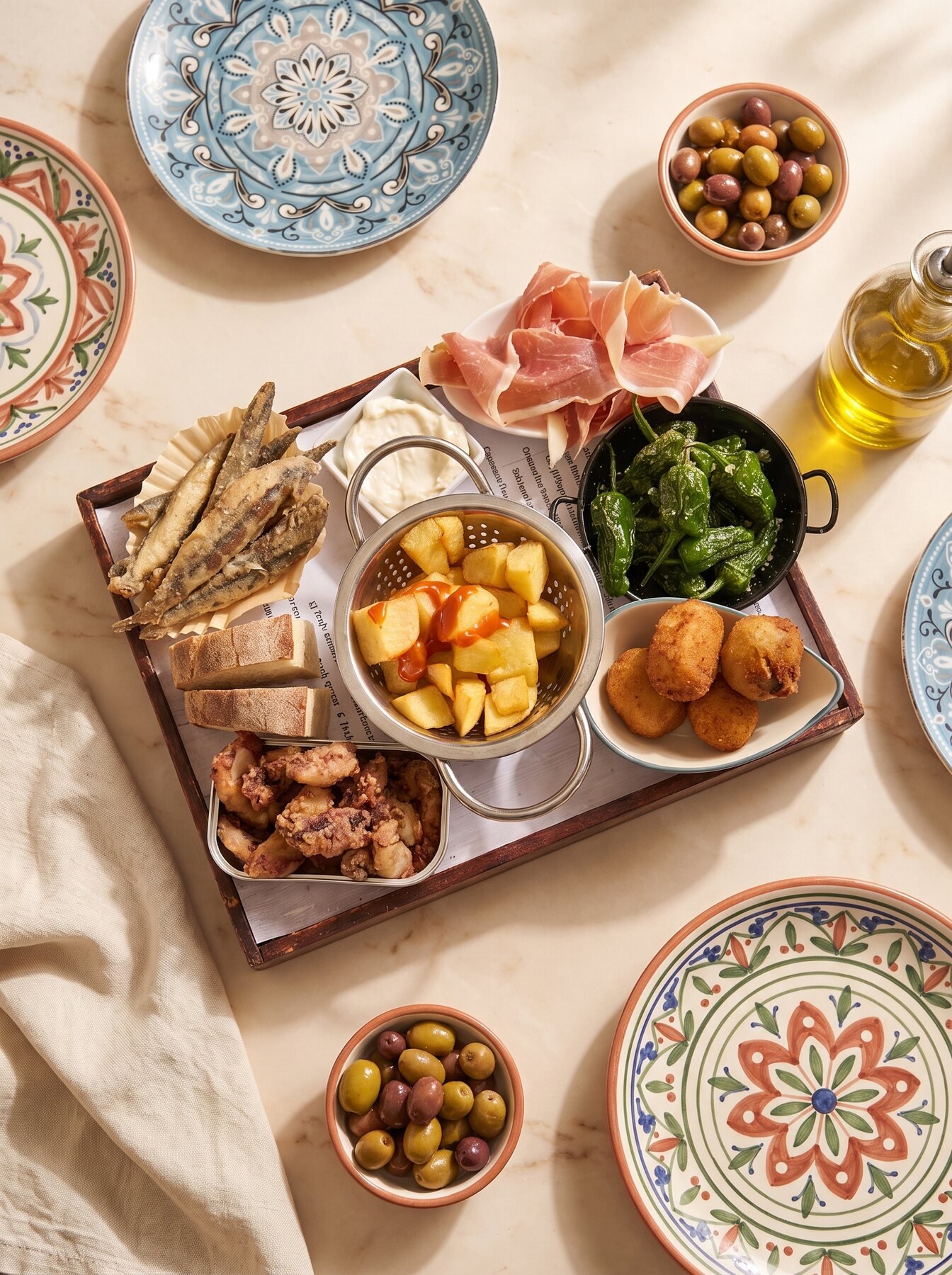 Tabla de tapas con serrano, queso y olivas