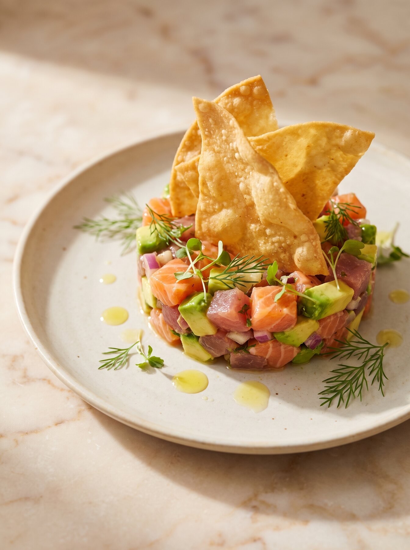 Tartar de salmón y atún con teja crujiente